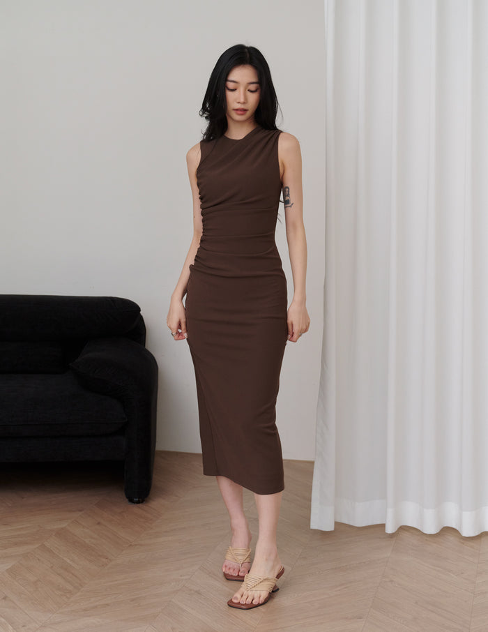 Elodie Ruched Midi Dress in Brown