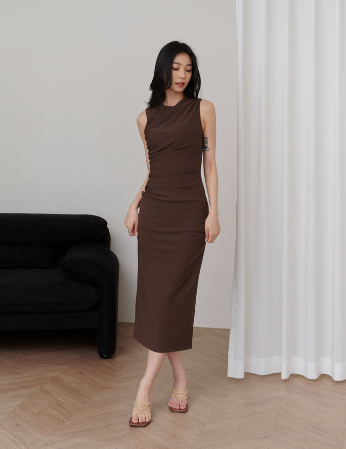 Elodie Ruched Midi Dress in Brown