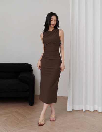 Elodie Ruched Midi Dress in Brown