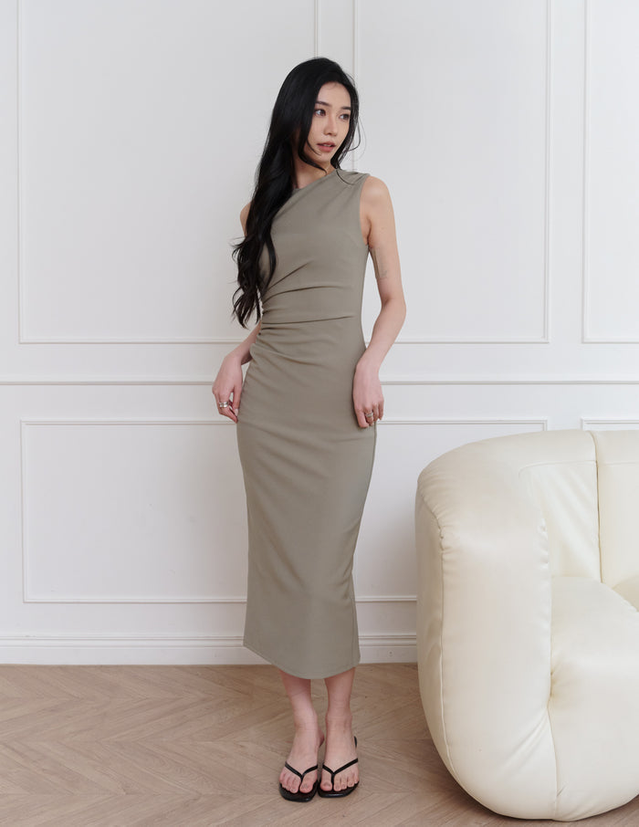 Elodie Ruched Midi Dress in Olive