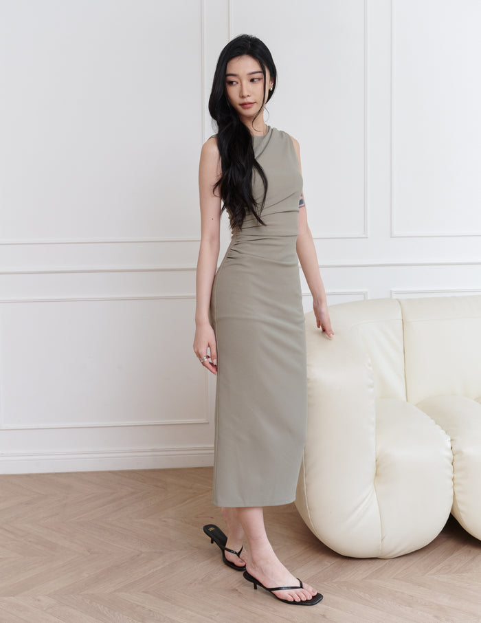 Elodie Ruched Midi Dress in Olive