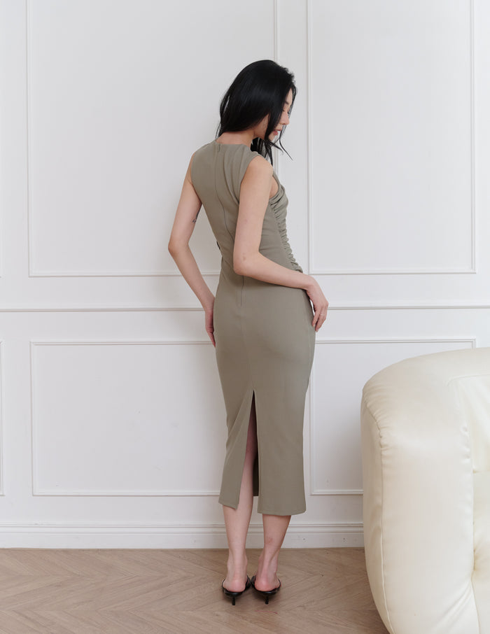 Elodie Ruched Midi Dress in Olive