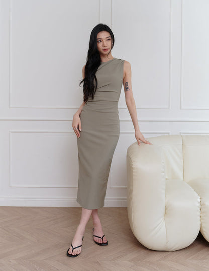 Elodie Ruched Midi Dress in Olive