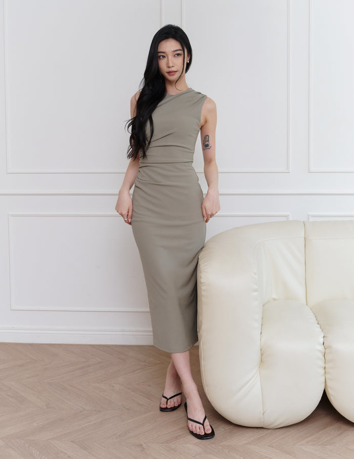 Elodie Ruched Midi Dress in Olive