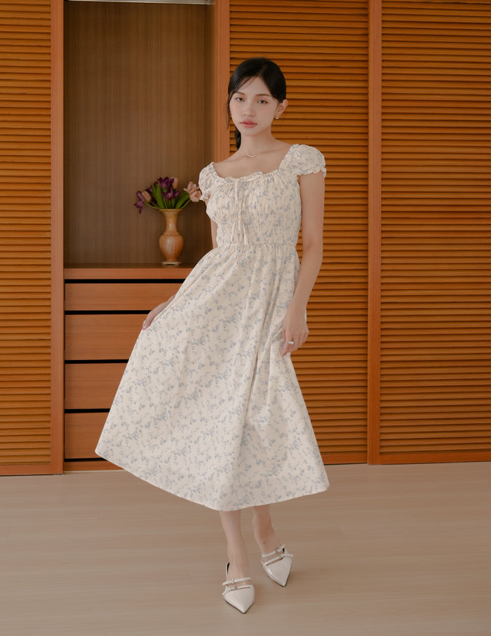 Elsa Floral Midi Dress in Blue Mist