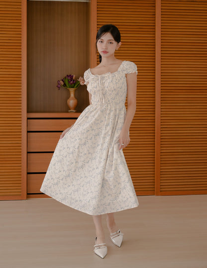 Elsa Floral Midi Dress in Blue Mist