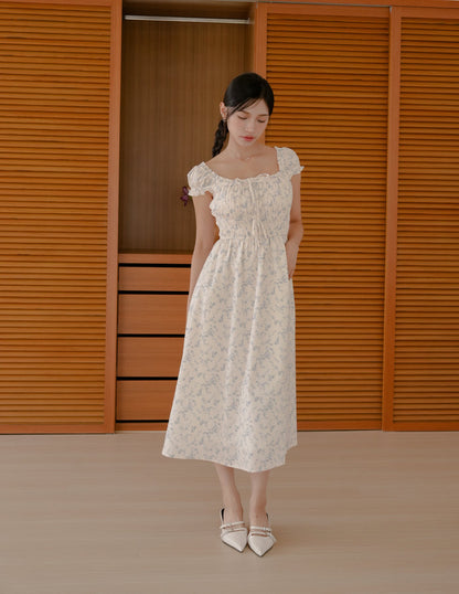 Elsa Floral Midi Dress in Blue Mist