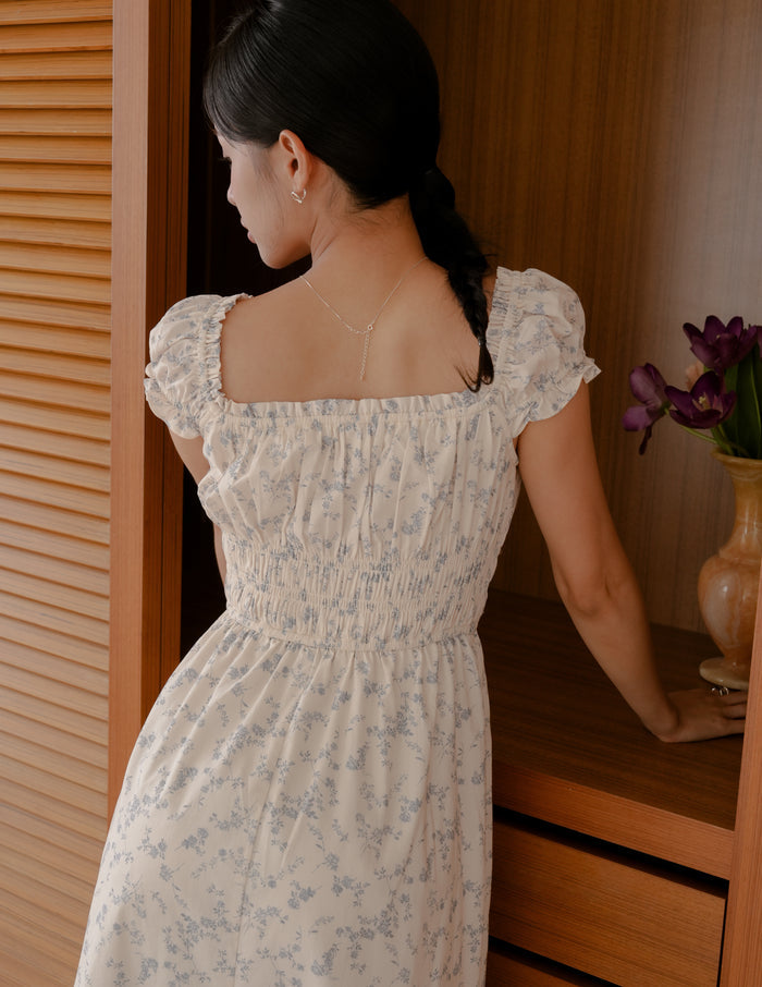 Elsa Floral Midi Dress in Blue Mist