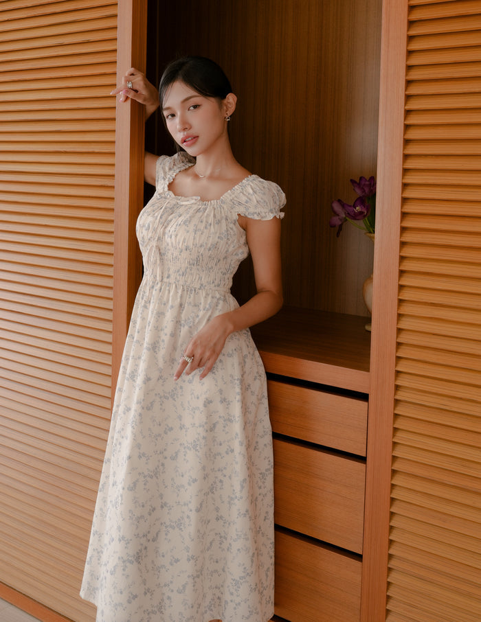 Elsa Floral Midi Dress in Blue Mist