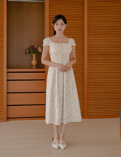 Elsa Floral Midi Dress in Blue Mist