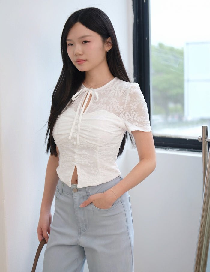 Florence Textured Floral Top in White