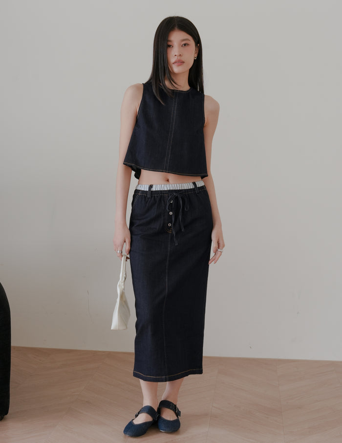 Iris Boxy Crop Denim Top in Dark Wash