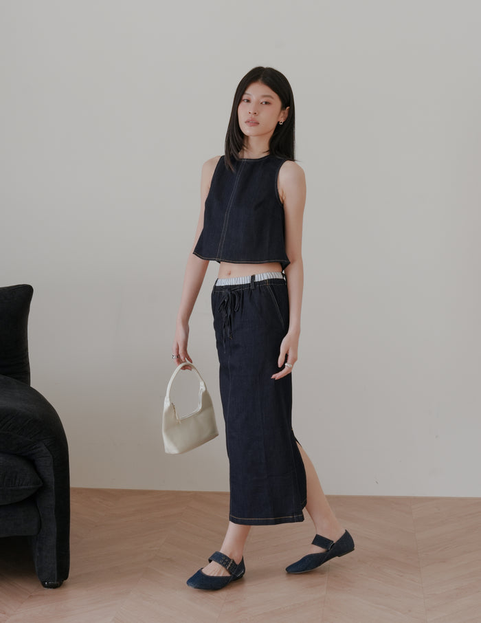Iris Boxy Crop Denim Top in Dark Wash