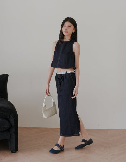 Iris Boxy Crop Denim Top in Dark Wash