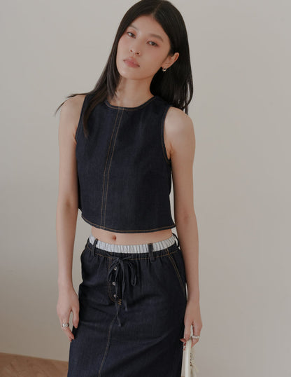 Iris Boxy Crop Denim Top in Dark Wash