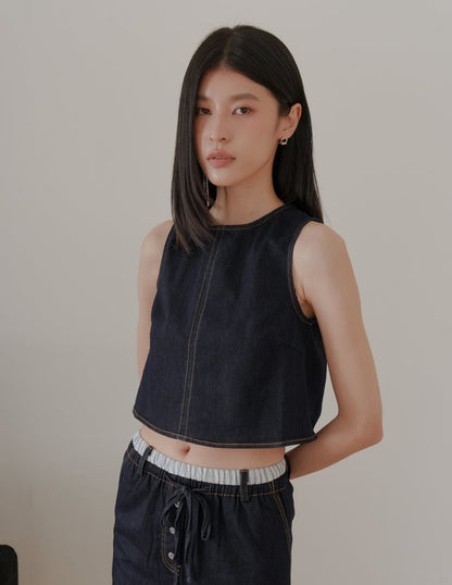 Iris Boxy Crop Denim Top in Dark Wash