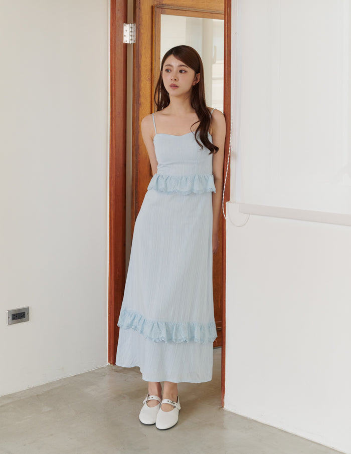 Joey Padded Eyelet Ruffle Dress in Blue