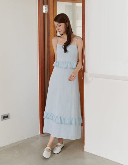 Joey Padded Eyelet Ruffle Dress in Blue