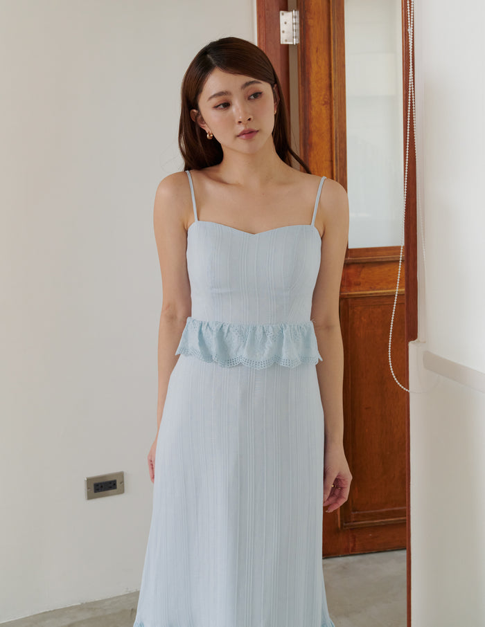 Joey Padded Eyelet Ruffle Dress in Blue