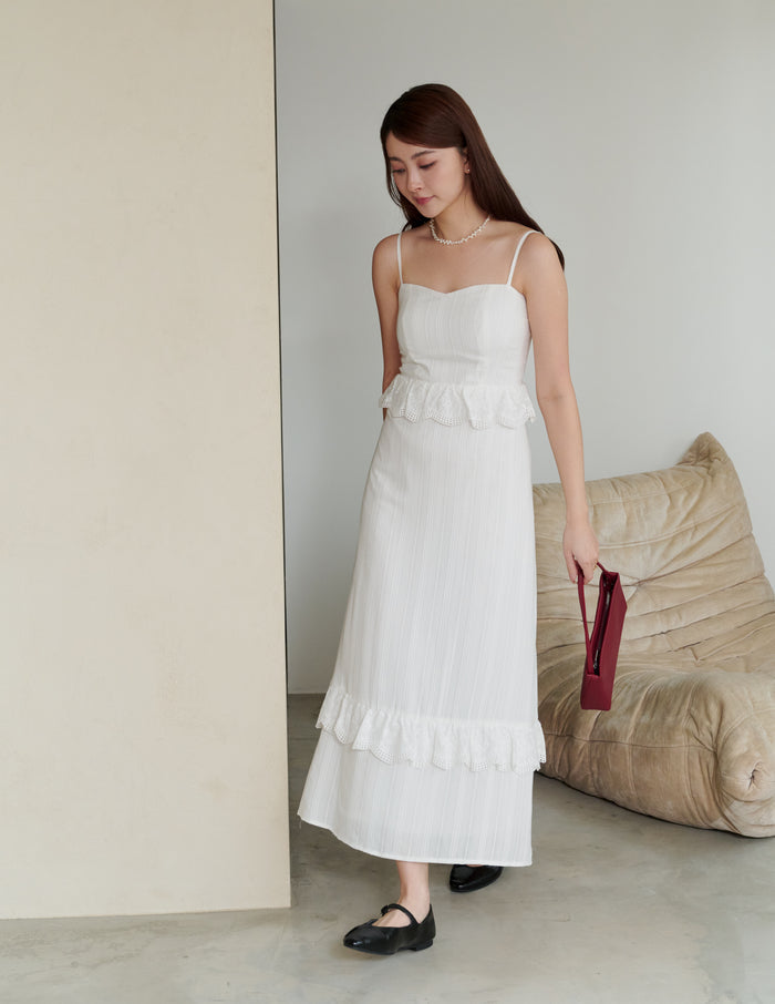 Joey Padded Eyelet Ruffle Dress in White