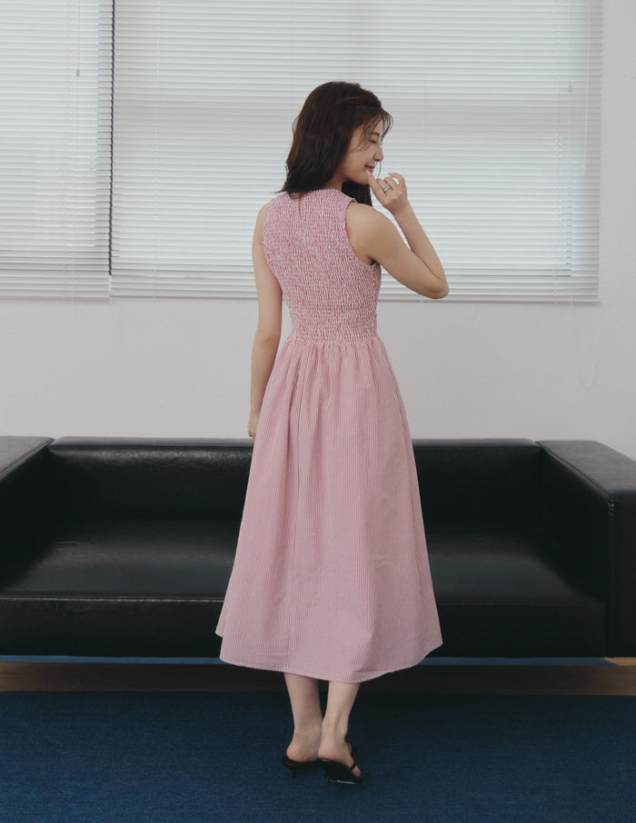 Julie Smocked Striped Dress in Brick Rose