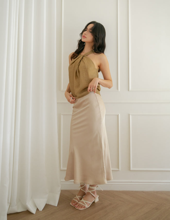 Juliet Satin Midi Skirt in Champagne