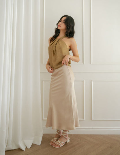Juliet Satin Midi Skirt in Champagne