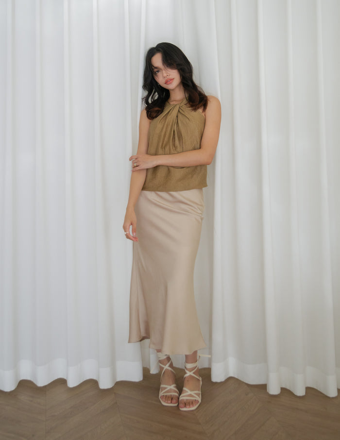 Juliet Satin Midi Skirt in Champagne