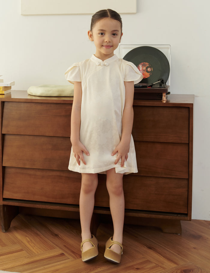 Lara Jacquard Cheongsam Girl's Dress in Ivory