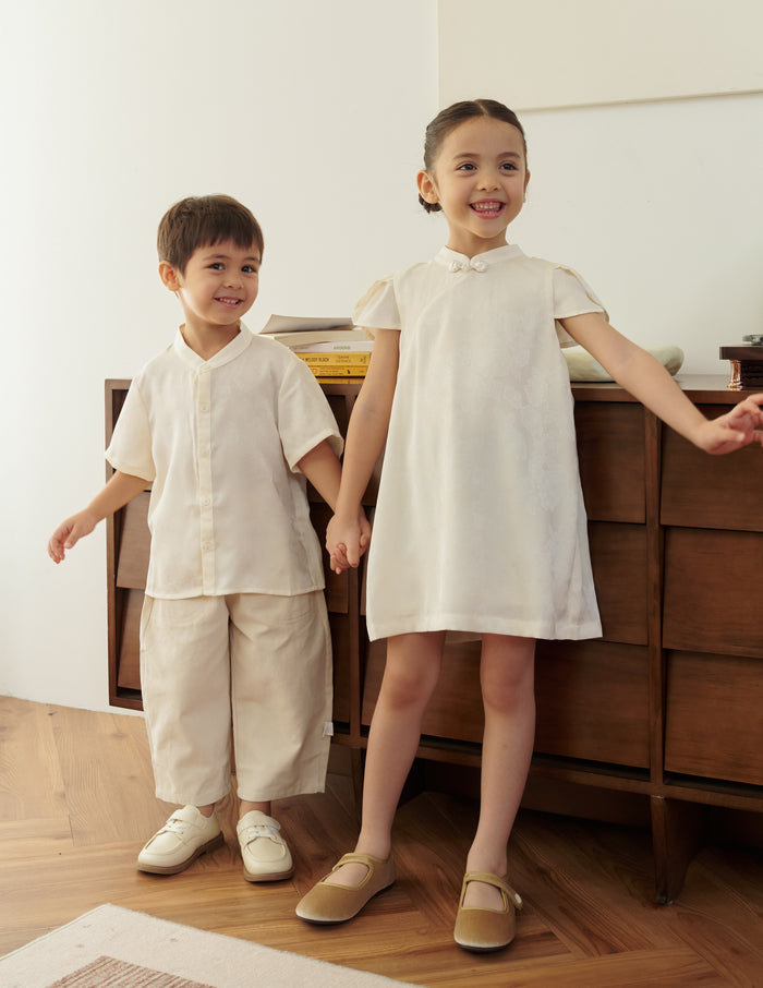 Lara Jacquard Cheongsam Girl's Dress in Ivory