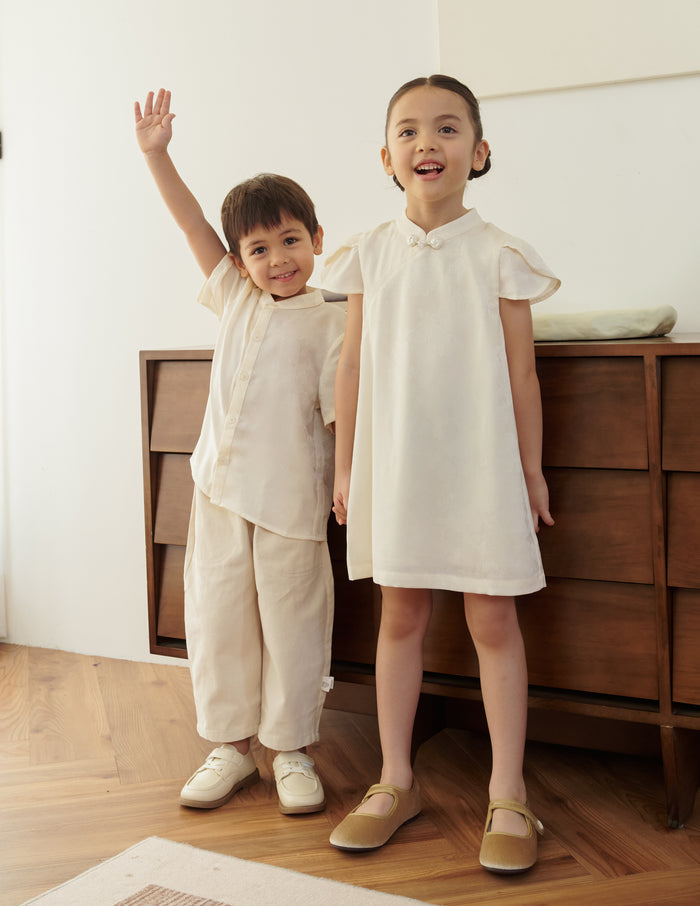 Lara Jacquard Cheongsam Girl's Dress in Ivory