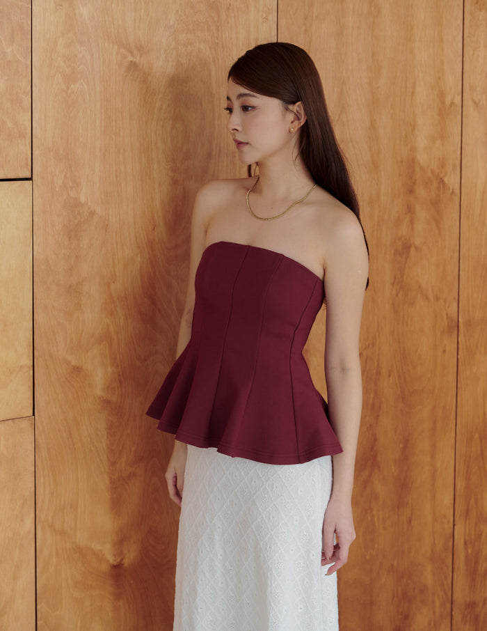 Liv Padded Peplum Tube Top in Burgundy