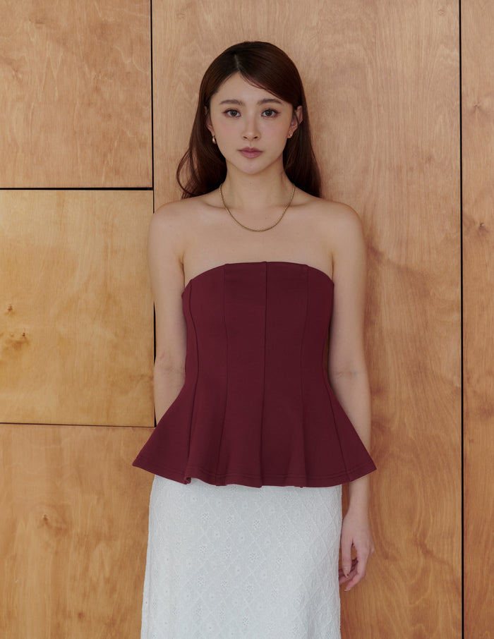 Liv Padded Peplum Tube Top in Burgundy