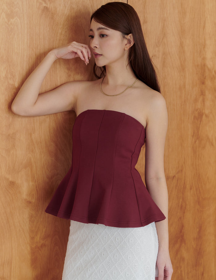 Liv Padded Peplum Tube Top in Burgundy