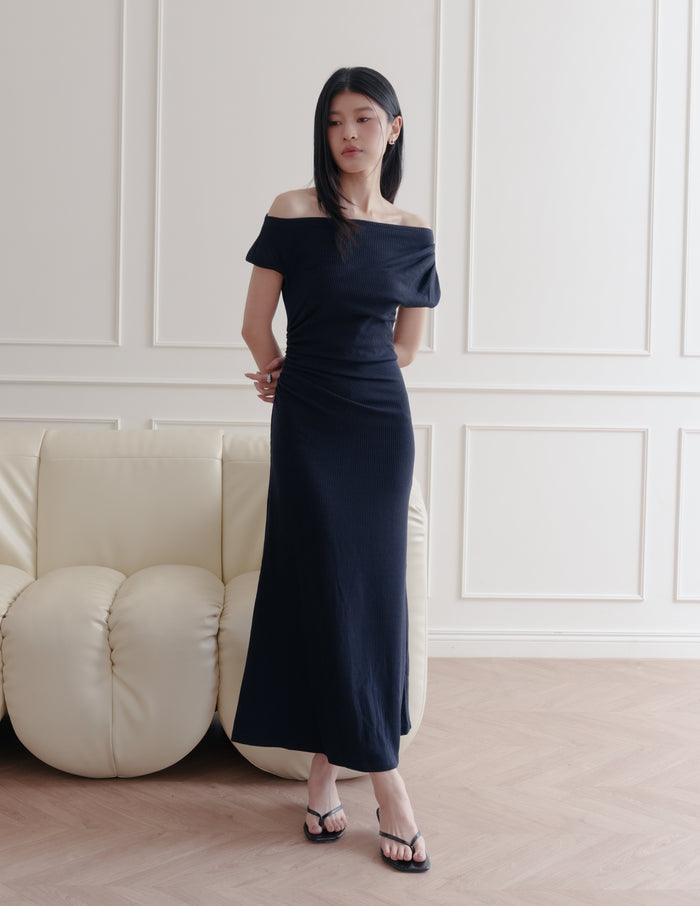 Louise Ruched Knit Dress in Midnight