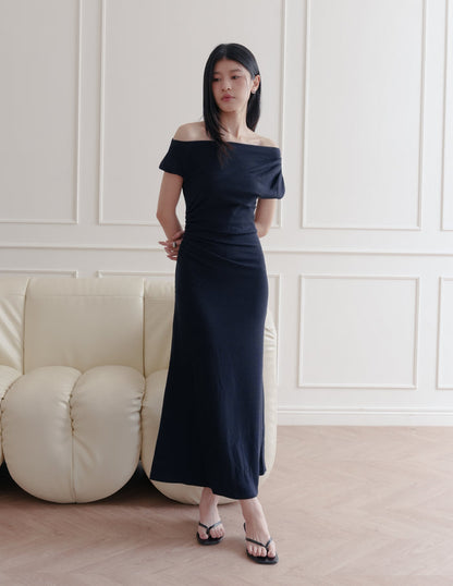 Louise Ruched Knit Dress in Midnight