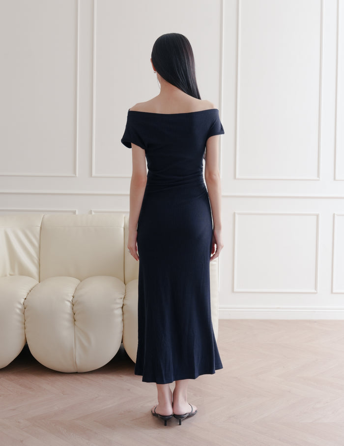 Louise Ruched Knit Dress in Midnight
