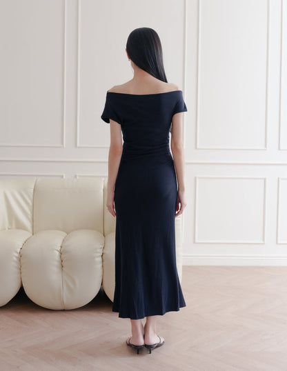 Louise Ruched Knit Dress in Midnight