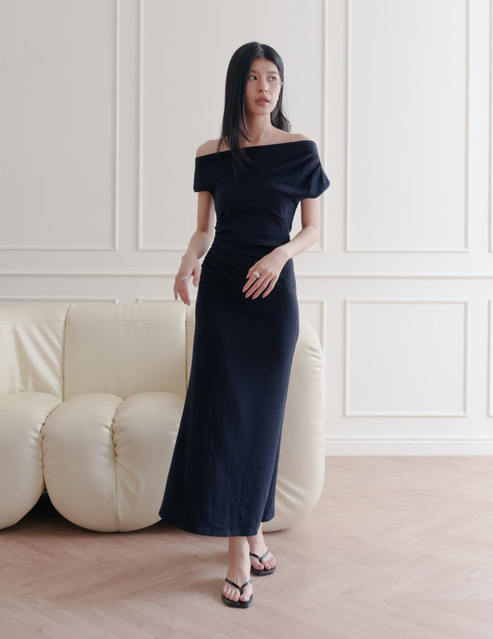 Louise Ruched Knit Dress in Midnight
