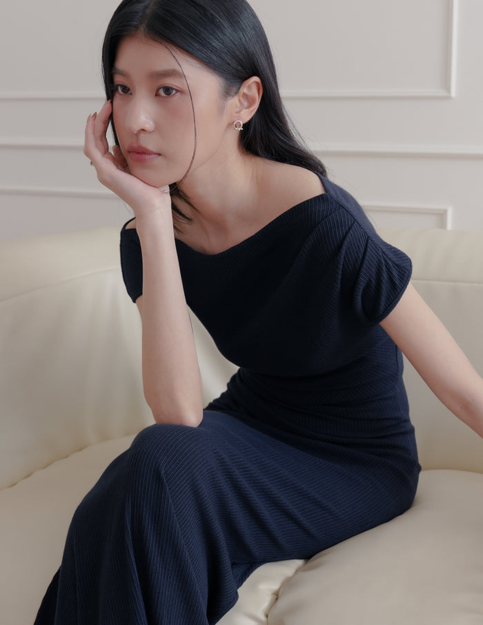 Louise Ruched Knit Dress in Midnight