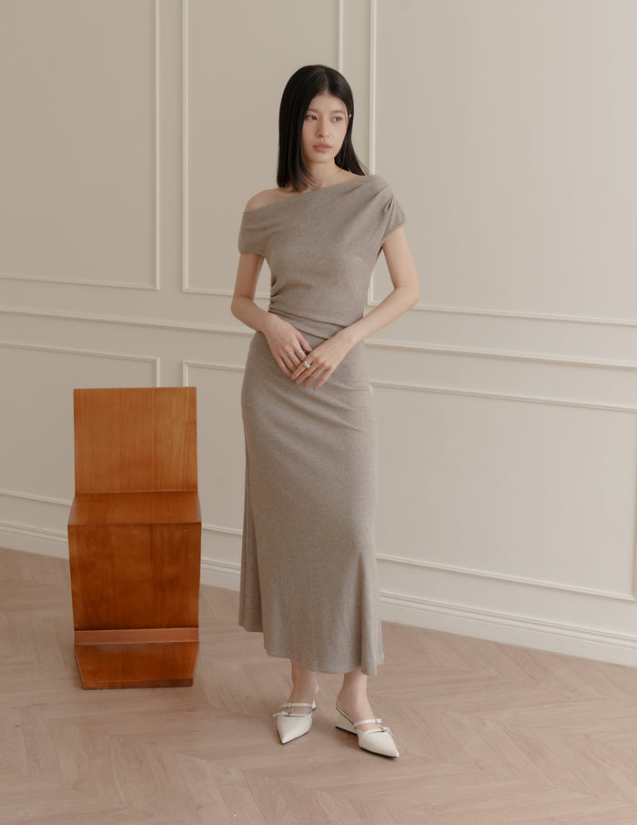 Louise Ruched Knit Dress in Taupe