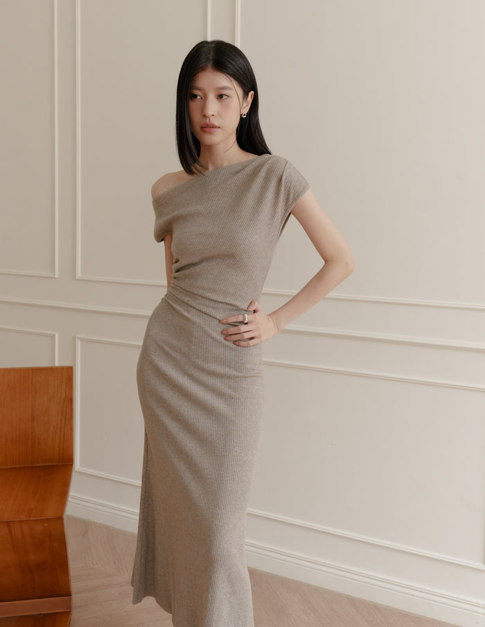 Louise Ruched Knit Dress in Taupe
