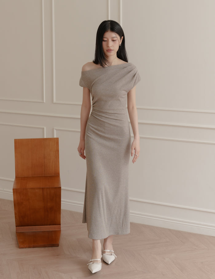 Louise Ruched Knit Dress in Taupe