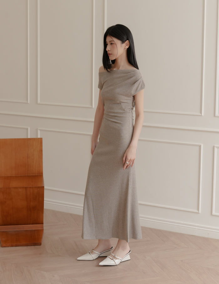 Louise Ruched Knit Dress in Taupe