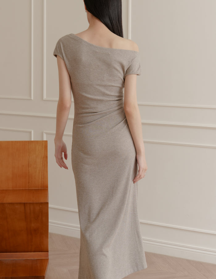Louise Ruched Knit Dress in Taupe