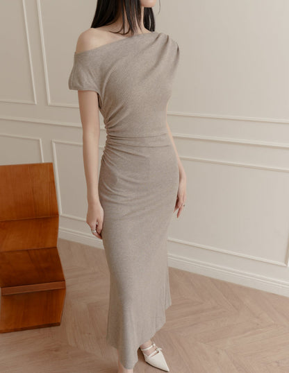 Louise Ruched Knit Dress in Taupe