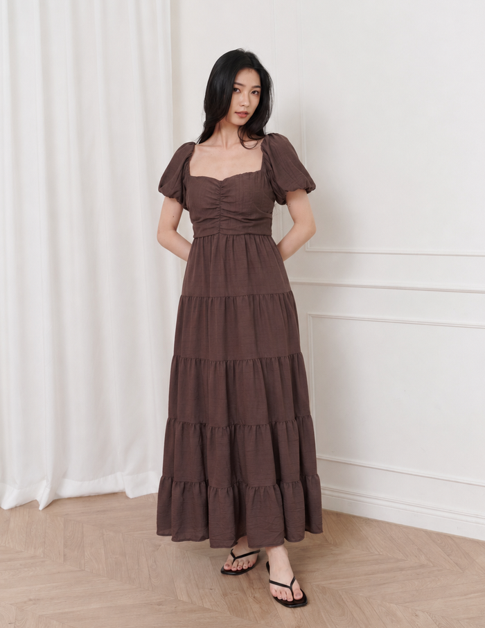 Lynette Padded Maxi Dress in Brown