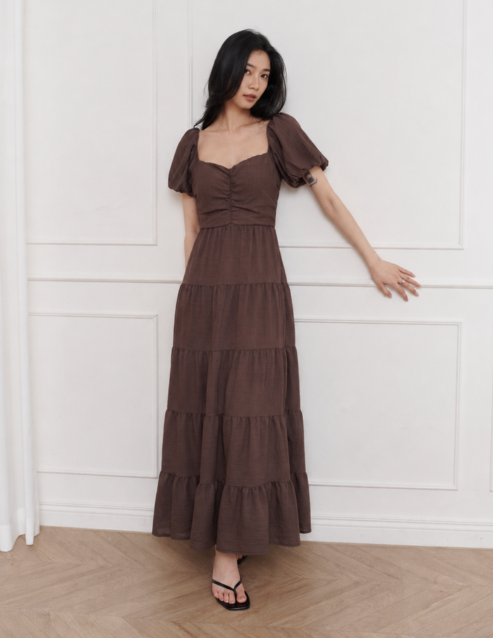 Lynette Padded Maxi Dress in Brown