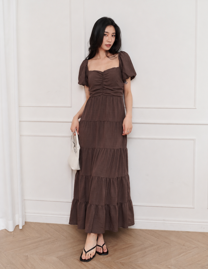 Lynette Padded Maxi Dress in Brown