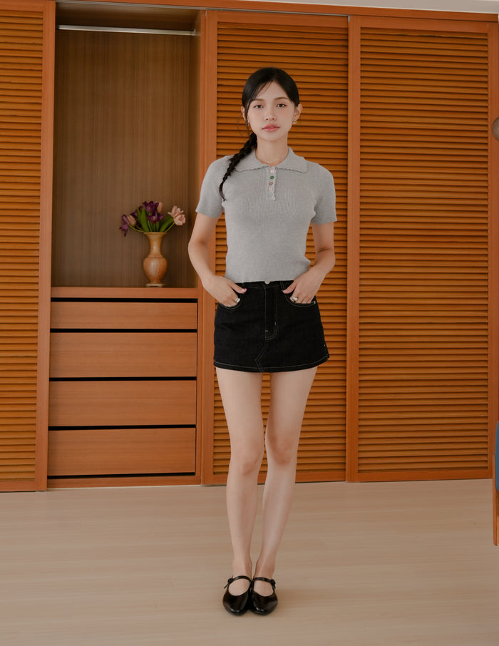 Margot Scallop Polo Top in Grey